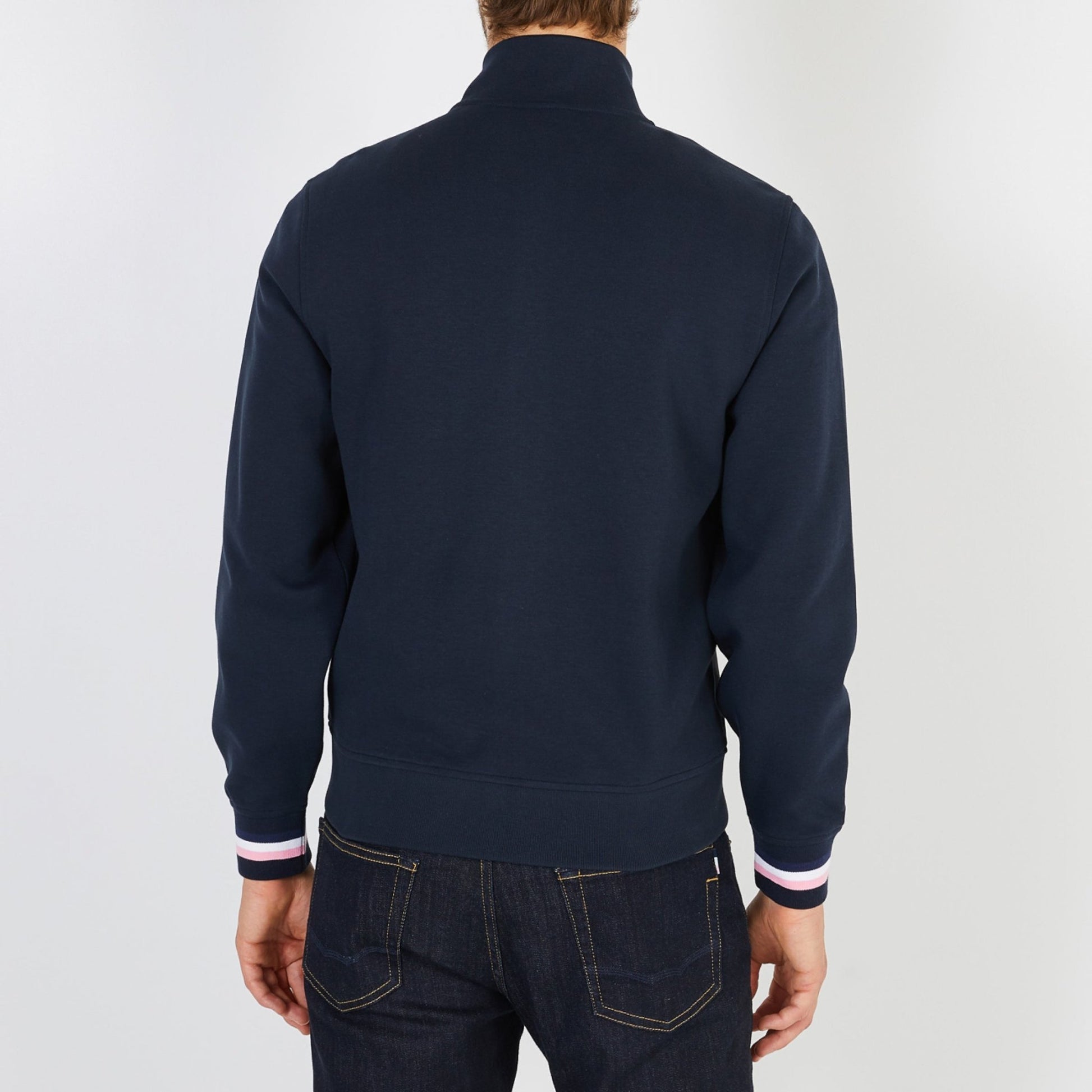 Eden Park Hybrid Full Zip Top, on model, back, navy - Matt O'Brien Fashions