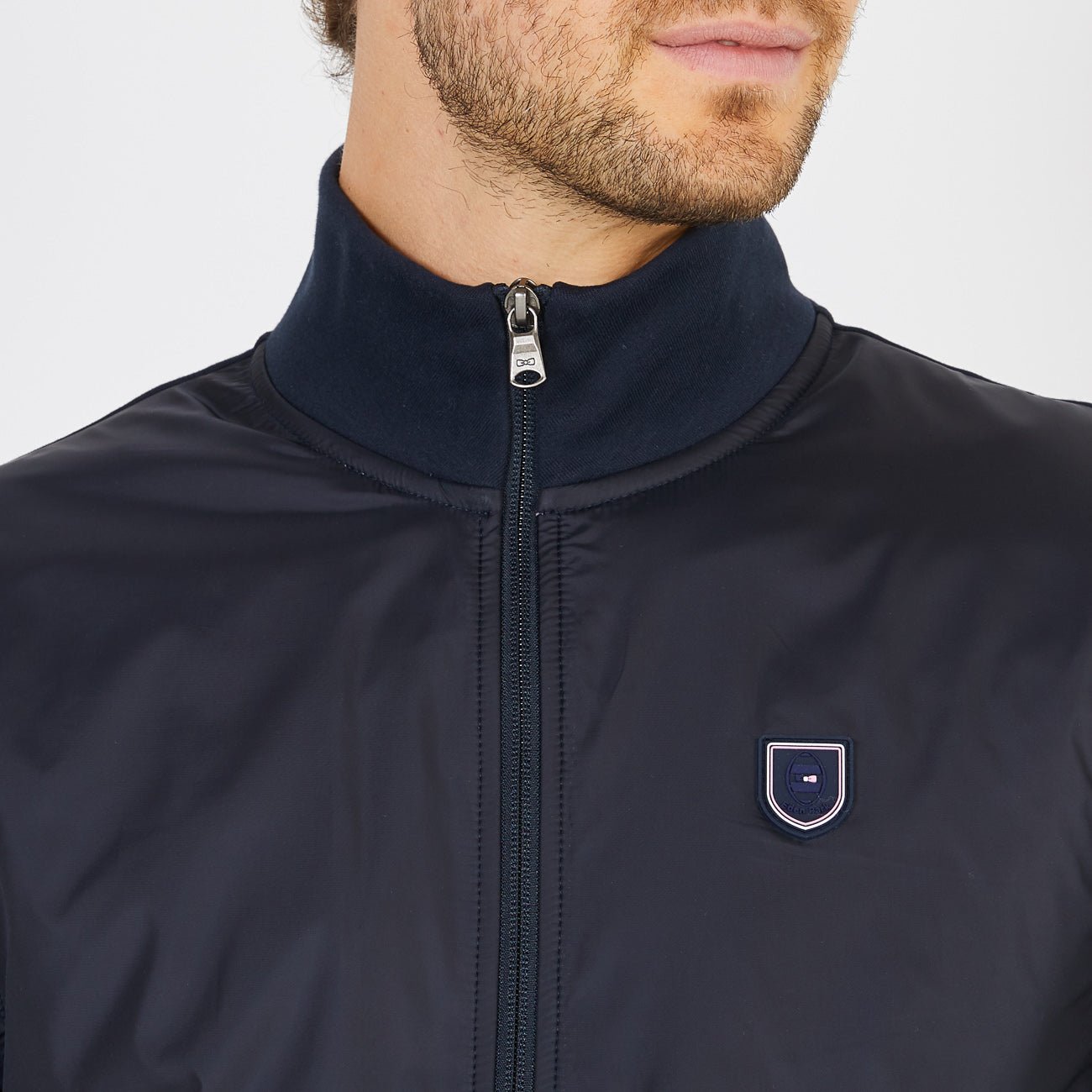 Eden Park Hybrid Full Zip Top, on model, close up, navy - Matt O'Brien Fashions