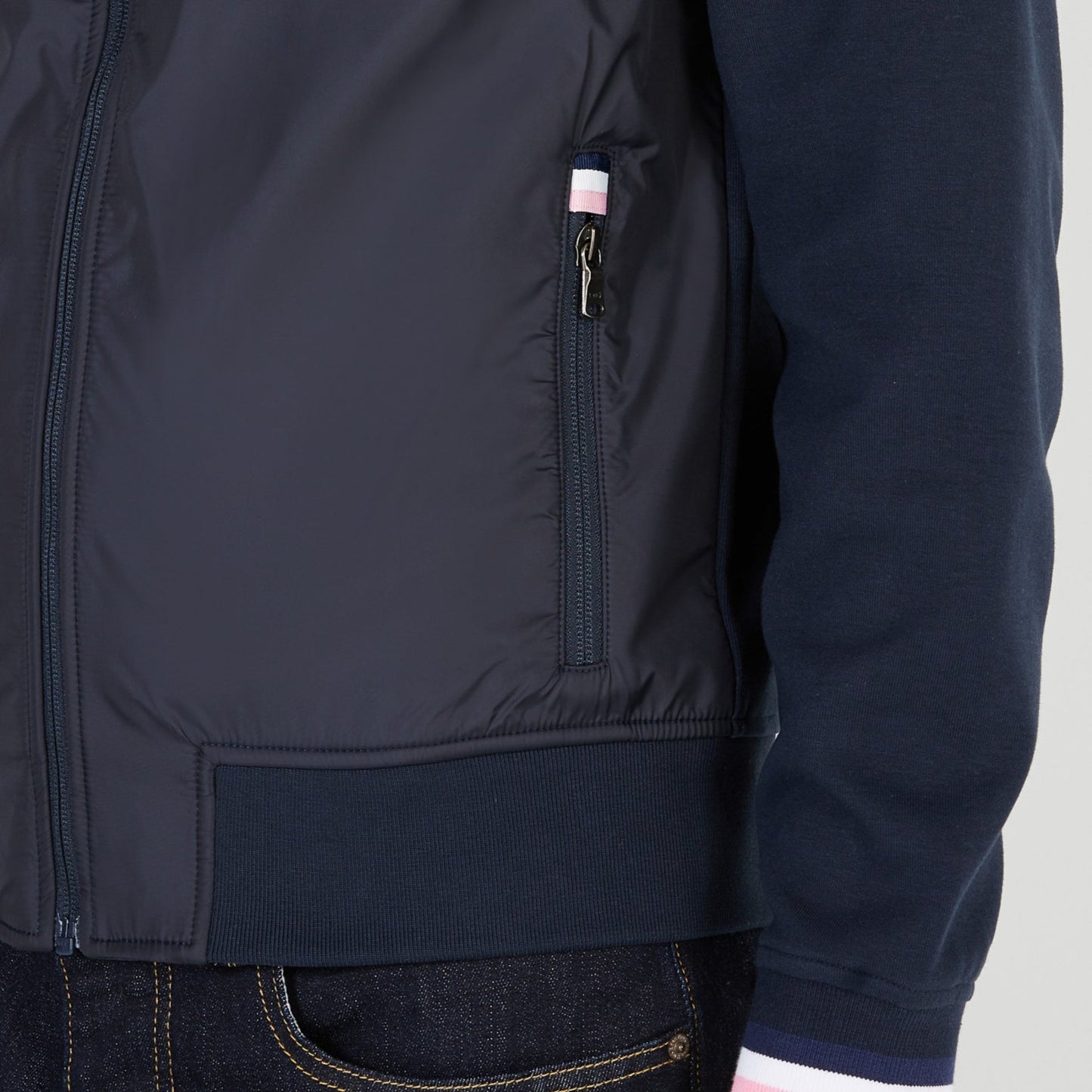 Eden Park Hybrid Full Zip Top, on model, zip pocket, navy - Matt O'Brien Fashions