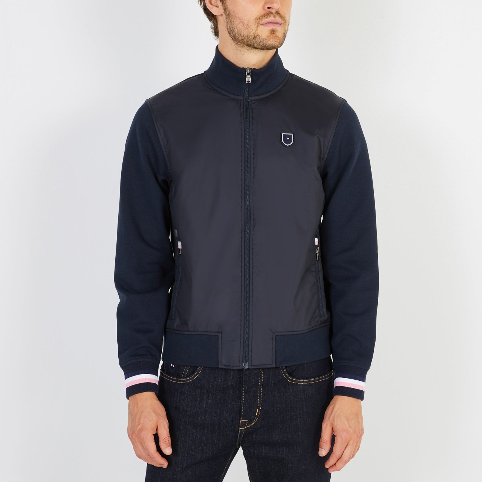 Eden Park Hybrid Full Zip Top, on model, navy - Matt O'Brien Fashions