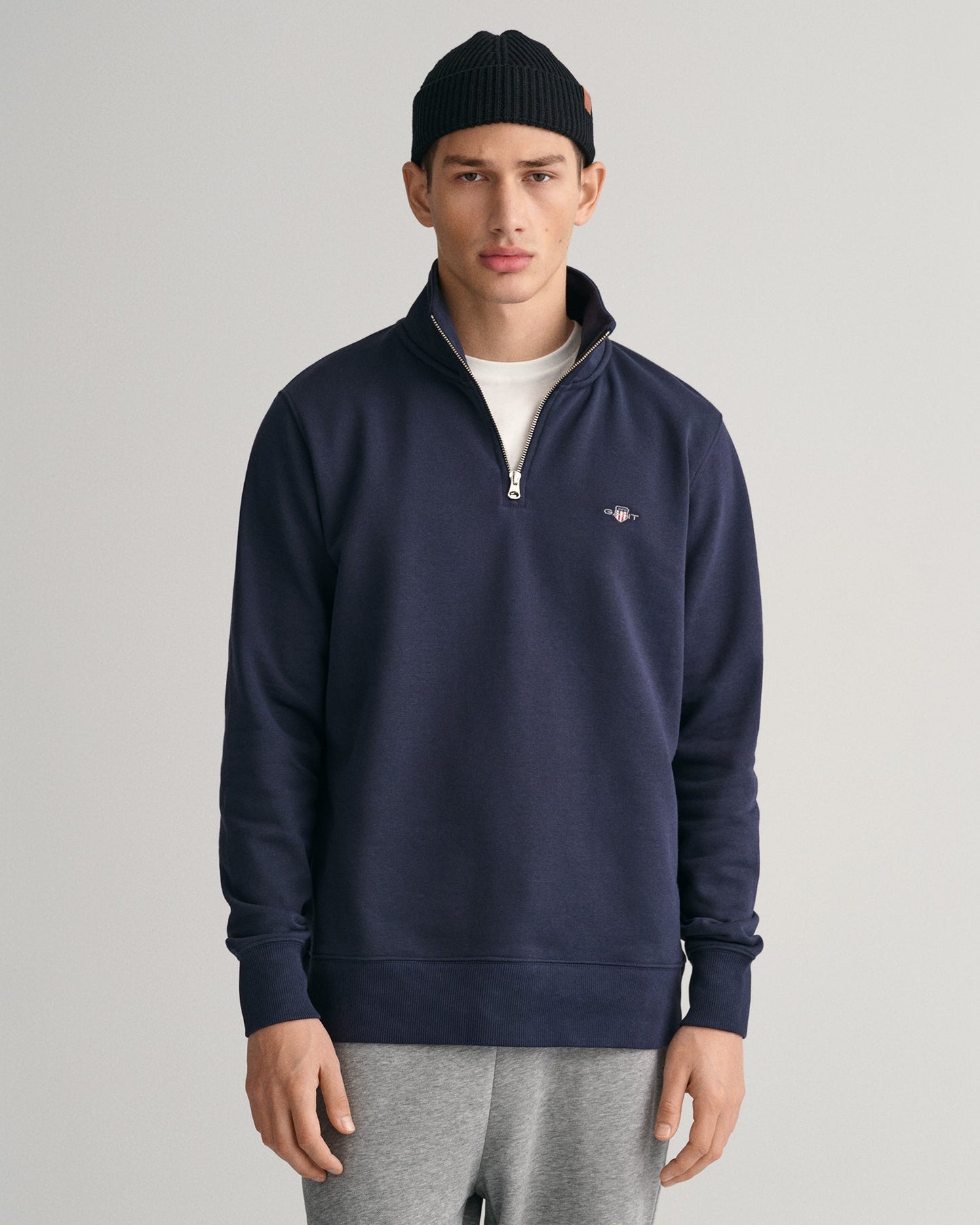 GANT Regular Shield Half Zip Sweatshirt on model, front, evening blue - Matt O'Brien Fashions