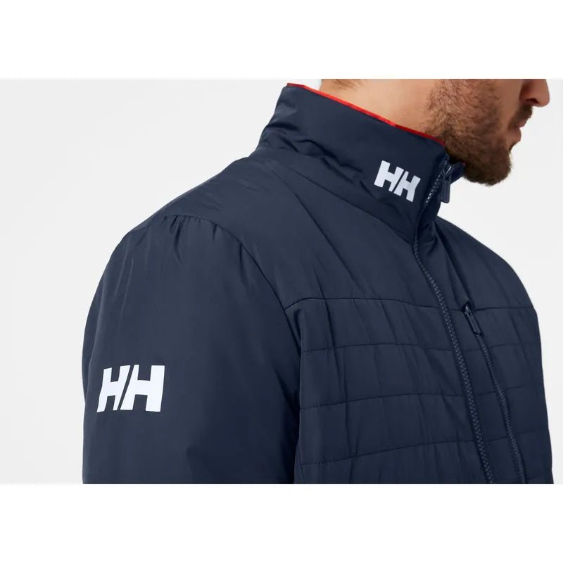 Helly Hansen Crew Insulator Jacket on model, front close up, navy - Matt O'Brien Fashions