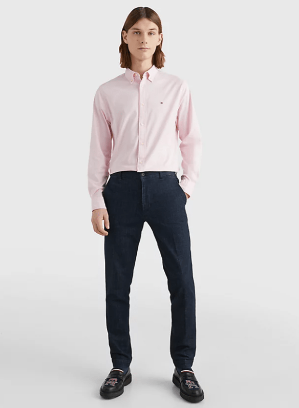 Tommy Hilfiger 1985 Flex Oxford Shirt on model, front full length, light pink - Matt O'Brien Fashions