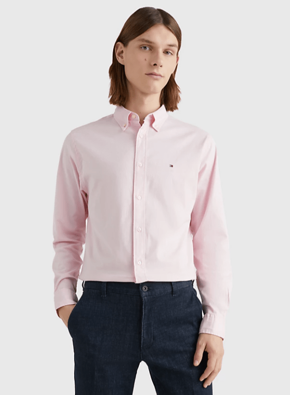 Tommy Hilfiger 1985 Flex Oxford Shirt on model, front, light pink - Matt O'Brien Fashions