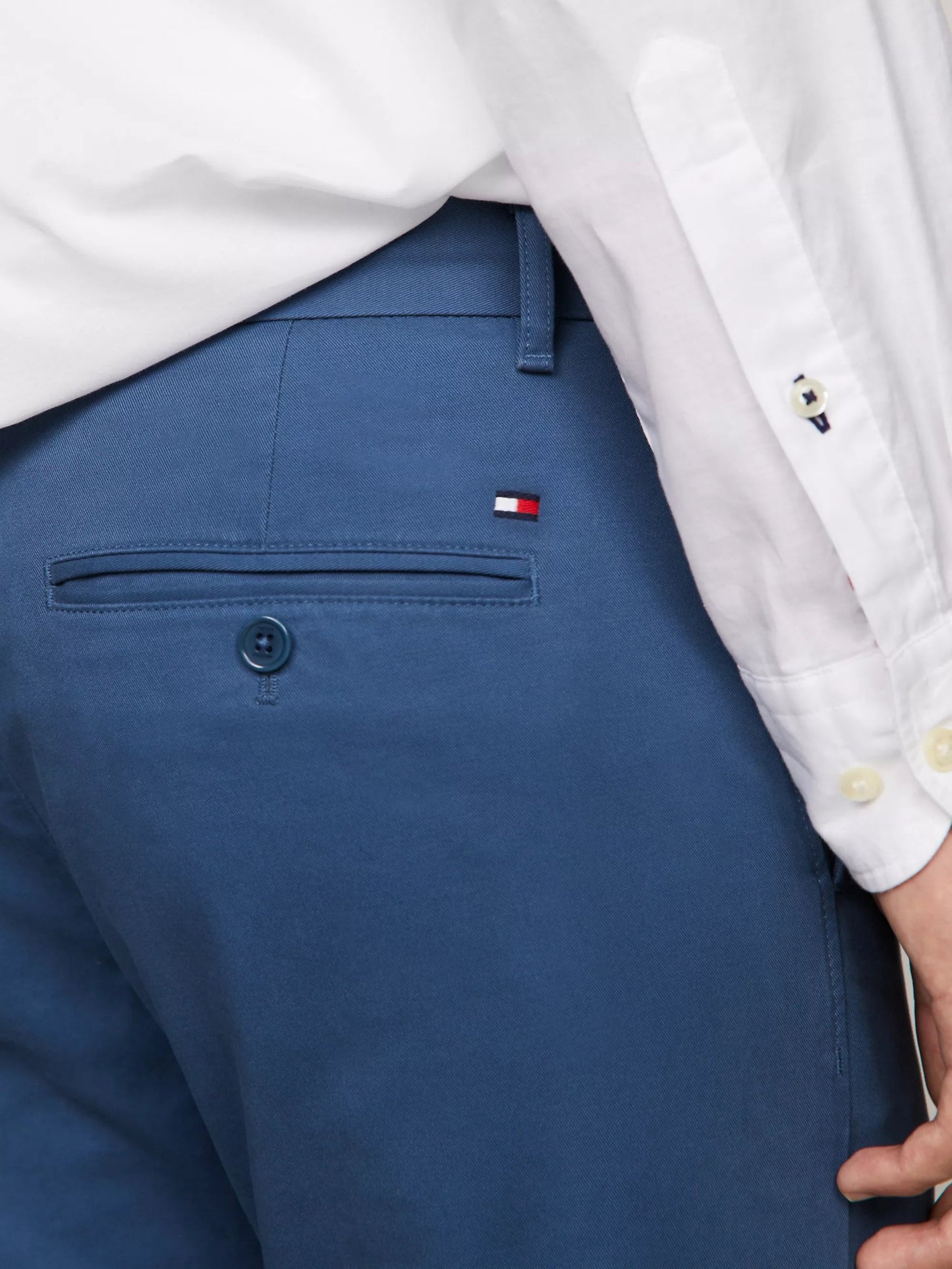 Tommy Hilfiger Bleecker Chino on model, back pocket, Aegean sea - Matt O'Brien Fashions