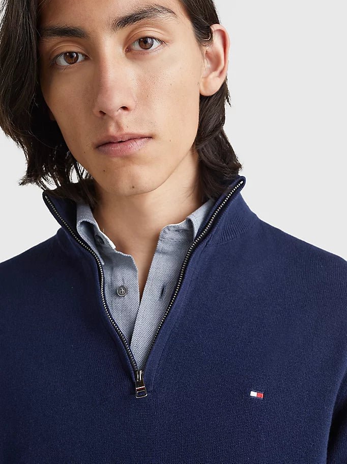 Tommy Hilfiger Cotton Cashmere Zip Neck Jumper on model, front close up, desert sky - Matt O'Brien Fashions