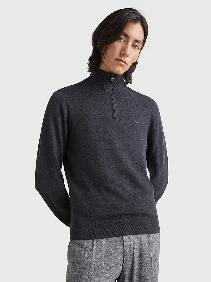 Tommy Hilfiger Cotton Cashmere Zip Neck Jumper on model, front, dark grey - Matt O'Brien Fashions