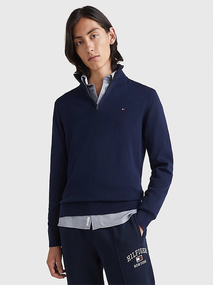 Tommy Hilfiger Cotton Cashmere Zip Neck Jumper on model, front, desert sky - Matt O'Brien Fashions