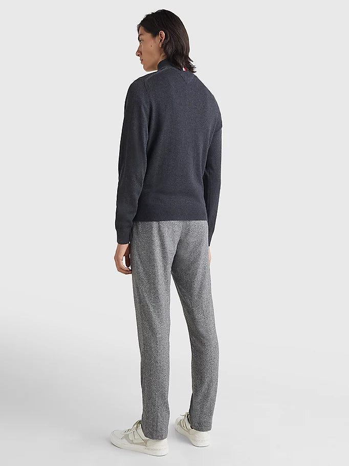 Tommy Hilfiger Cotton Cashmere Zip Neck Jumper on model, back, dark grey - Matt O'Brien Fashions