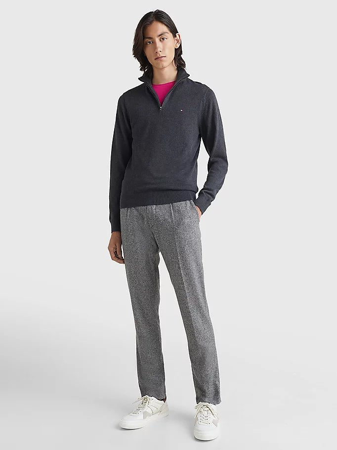 Tommy Hilfiger Cotton Cashmere Zip Neck Jumper on model, front full length, dark grey - Matt O'Brien Fashions