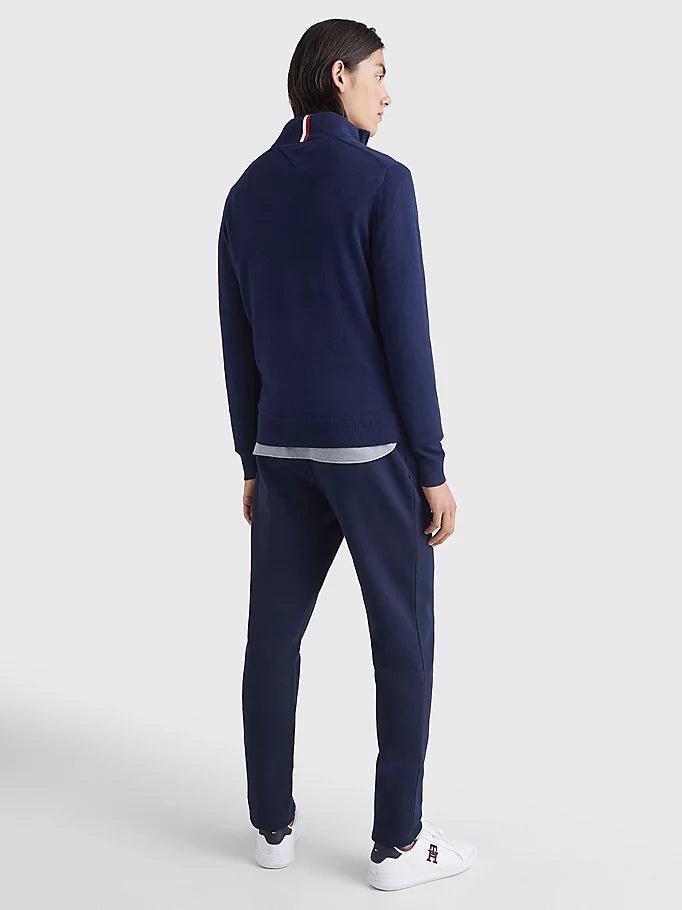 Tommy Hilfiger Cotton Cashmere Zip Neck Jumper on model, back, desert sky - Matt O'Brien Fashions