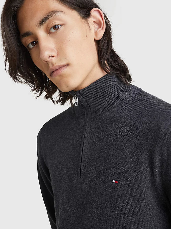 Tommy Hilfiger Cotton Cashmere Zip Neck Jumper on model, front close up, dark grey - Matt O'Brien Fashions