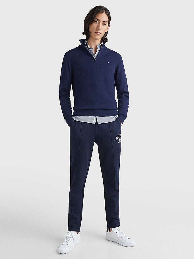 Tommy Hilfiger Cotton Cashmere Zip Neck Jumper on model, front full length, desert sky - Matt O'Brien Fashions