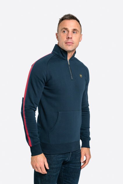 XV Kings Tuine Quarter Zip Sweatshirt modeled by Tommy Bowe, Admiral - Matt O'Brien Fashions